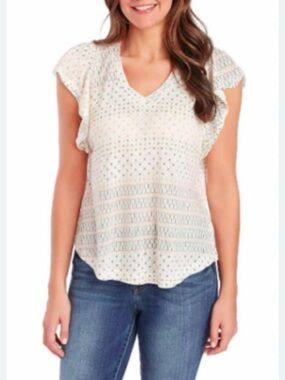 Ella Moss Cream Printed V-Neck Flutter Sleeve Blouse